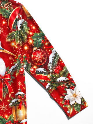 Adaychic Men's Hawaiian Christmas Crane And Ornaments Print Long Sleeve Shirt with Chest Pocket