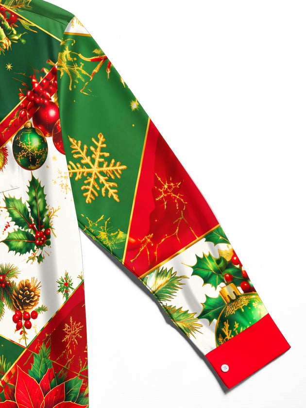 Adaychic Men's Christmas Poinsettias And Ornaments Print Long Sleeve Shirt with Chest Pocket
