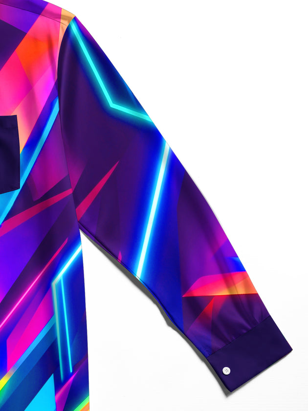 Adaychic Men's Printed Neon Geometric Abstract Lines Print Long Sleeve Shirt with Chest Pocket