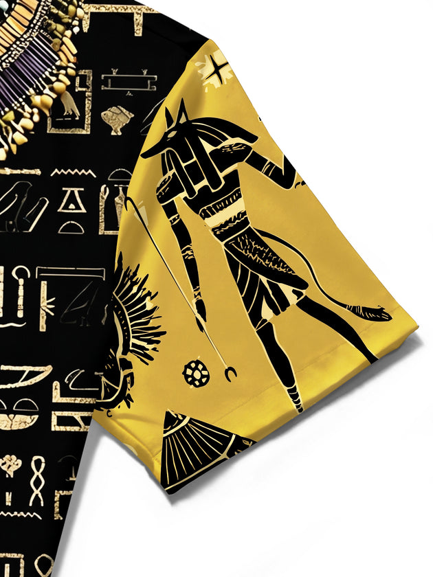Adaychic Men's Vintage Style Egyptian Hieroglyphs Print Short Sleeve Shirt with Chest Pocket