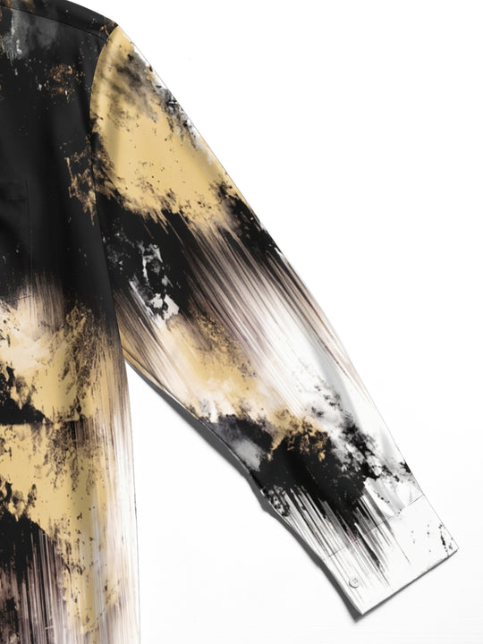 Adaychic Men's Long Sleeve Shirt - Abstract Black And Gold Splatter With Vertical Drips Print with Chest Pocket