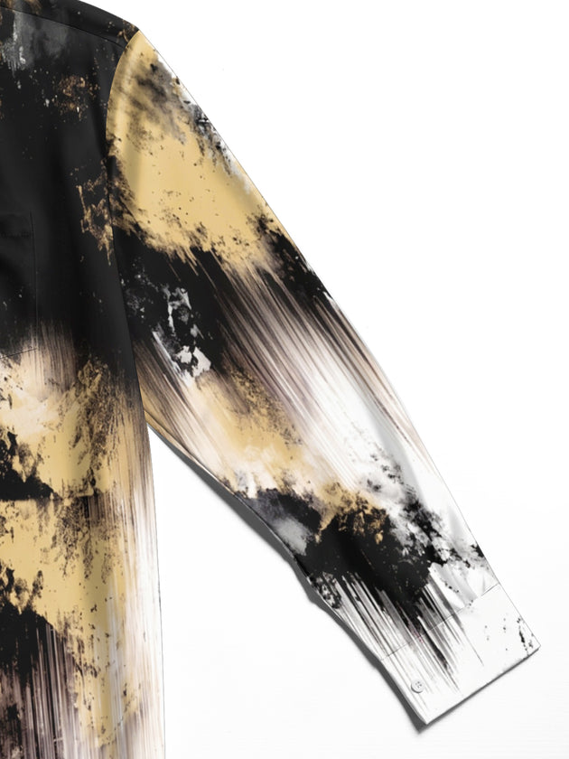Adaychic Men's Long Sleeve Shirt - Abstract Black And Gold Splatter With Vertical Drips Print with Chest Pocket