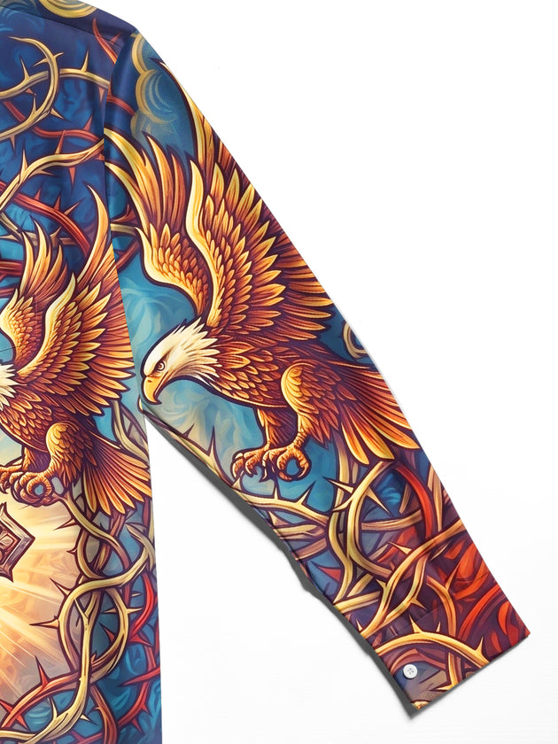 Adaychic Men's Bald Eagles And Crown Of Thorns Cross Print Long Sleeve Shirt with Chest Pocket