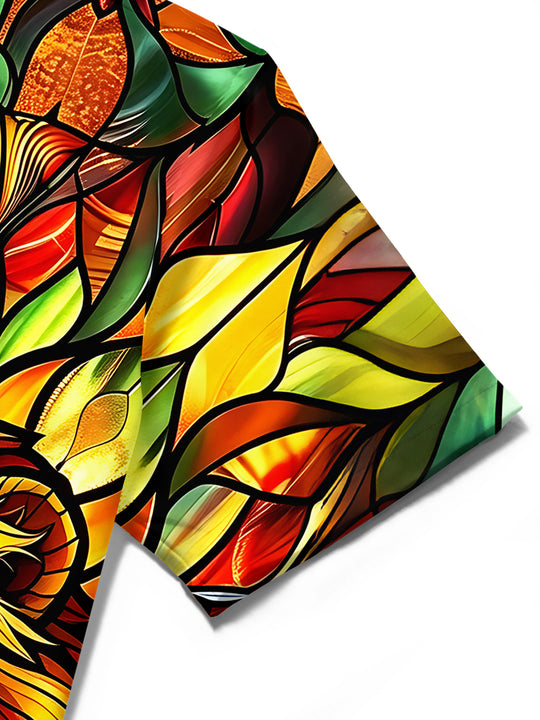 Adaychic Men's Graphic Stained Glass Lion Head Print Short Sleeve Shirt with Chest Pocket