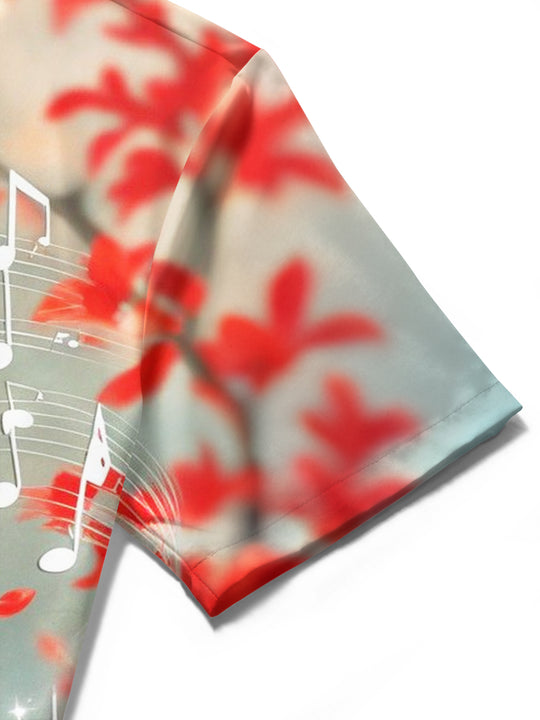 Adaychic Men's Graphic Red Bird Print Musical Notes Print Short Sleeve Shirt with Chest Pocket