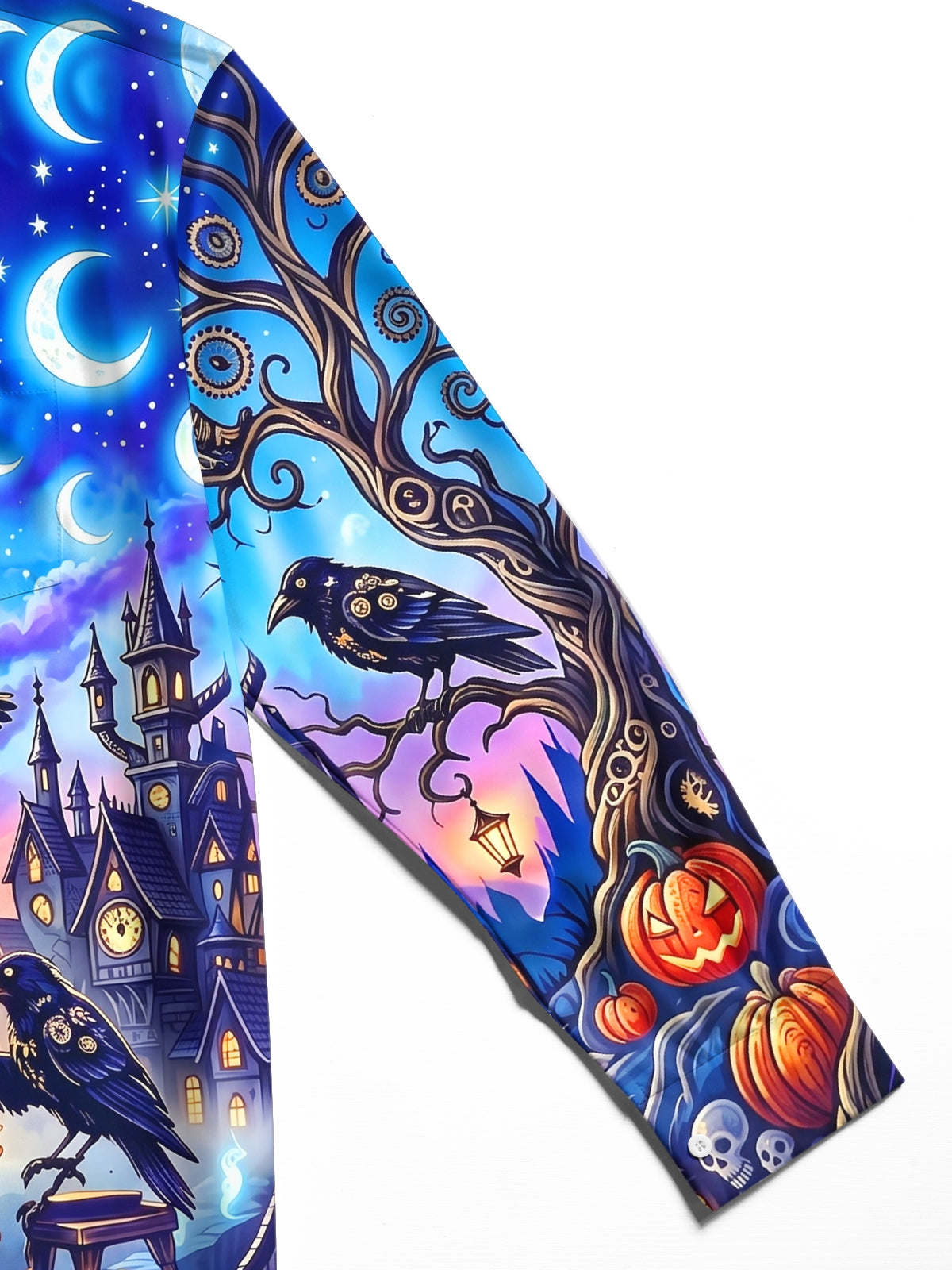 Adaychic Men's Halloween Witch And Raven Tea Party Print Long Sleeve Shirt with Chest Pocket