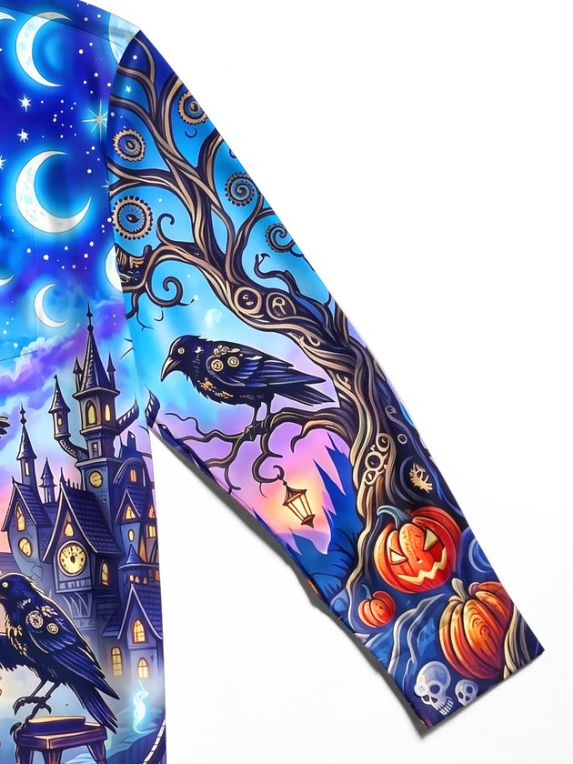 Adaychic Men's Halloween Witch And Raven Tea Party Print Long Sleeve Shirt with Chest Pocket