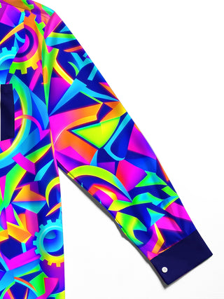 Adaychic Men's Neon Geometric Gears And Abstract Shapes Print Long Sleeve Shirt with Chest Pocket