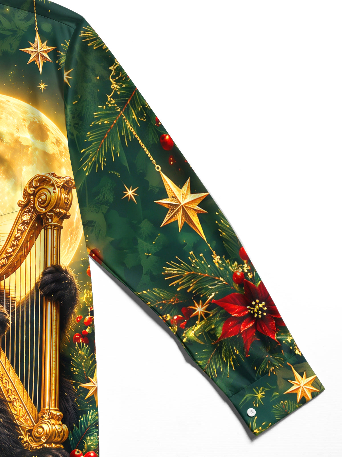 Adaychic Men's Long Sleeve Shirt - Black Cat Playing Harp With Christmas Elements Print with Chest Pocket