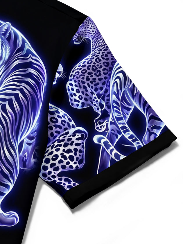 Adaychic Men's Hawaiian Neon Blue Tigers Print Leopard Print Short Sleeve Shirt with Chest Pocket