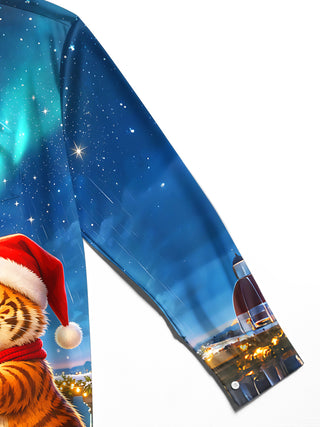 Adaychic Men's Graphic Christmas Tiger Print Stargazing Print Long Sleeve Shirt with Chest Pocket