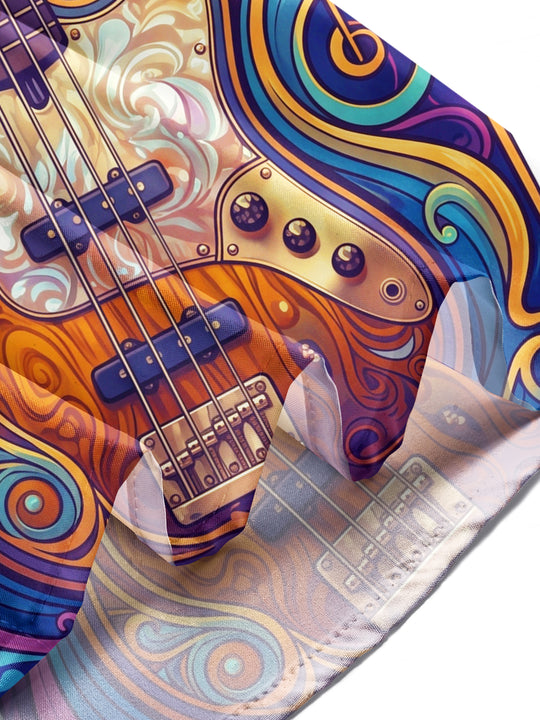 Adaychic Men's Long Sleeve Shirt - Psychedelic Bass Guitar And Musical Notes Print with Chest Pocket