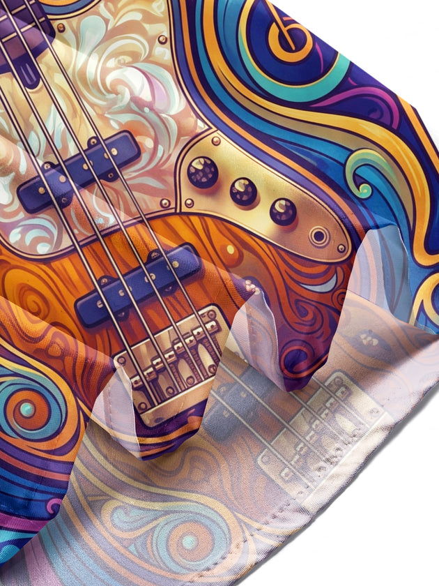 Adaychic Men's Long Sleeve Shirt - Psychedelic Bass Guitar And Musical Notes Print with Chest Pocket