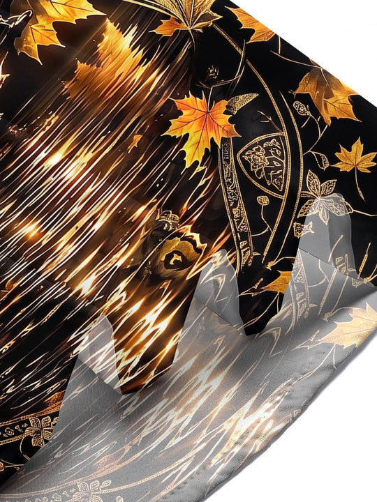 Adaychic Men's Hawaiian Owl And Moon With Maple Leaves Print Short Sleeve Shirt with Chest Pocket
