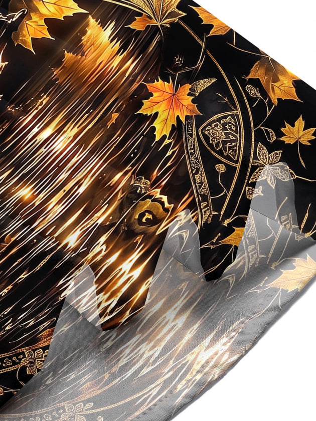 Adaychic Men's Hawaiian Owl And Moon With Maple Leaves Print Short Sleeve Shirt with Chest Pocket