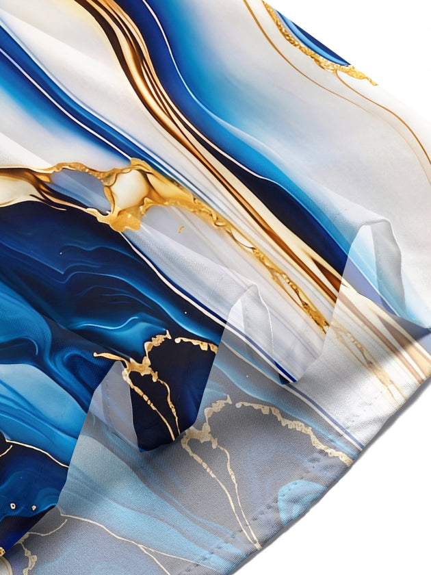 Adaychic Men's Printed Blue Gold Fluid Marble Print Short Sleeve Shirt with Chest Pocket