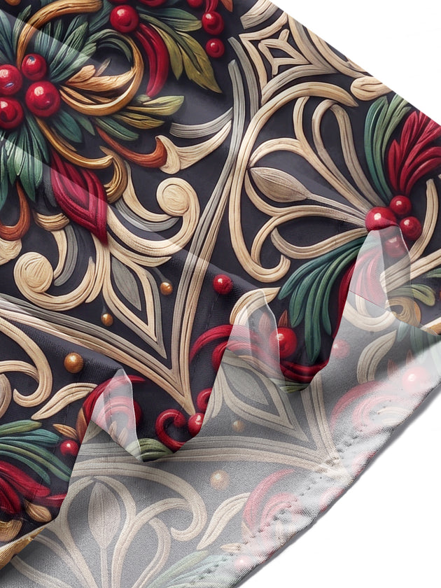 Adaychic Men's Printed Christmas Bells And Foliage Print Long Sleeve Shirt with Chest Pocket