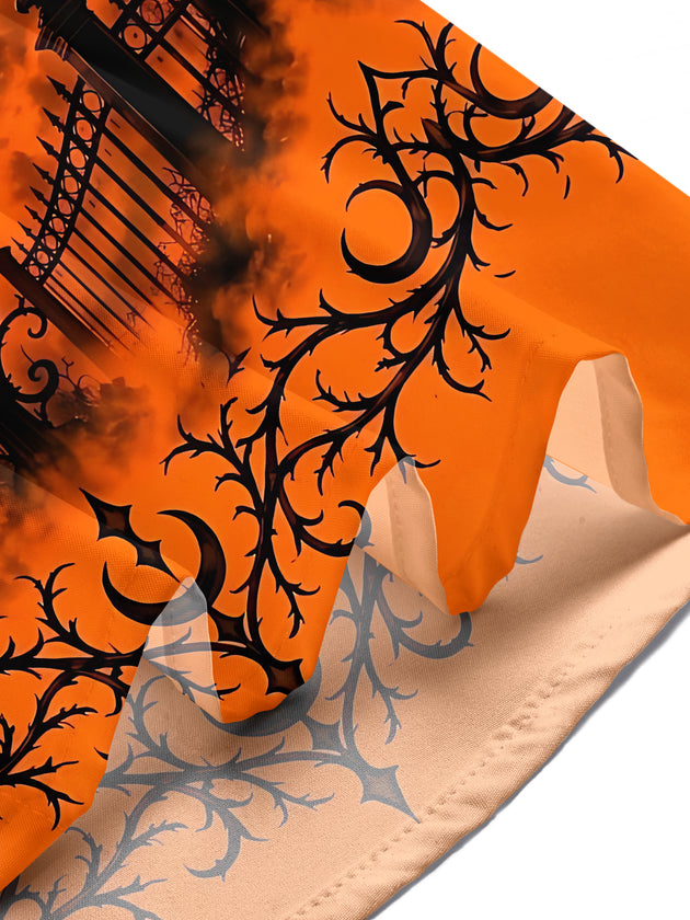 Adaychic Men's Short Sleeve Shirt - Halloween Black Cat On Lantern With Moon And Trees Print with Chest Pocket