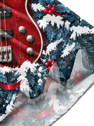 Adaychic Men's Long Sleeve Shirt - Christmas Snowy Forest And Holly Print Red Bass Guitar Print with Chest Pocket