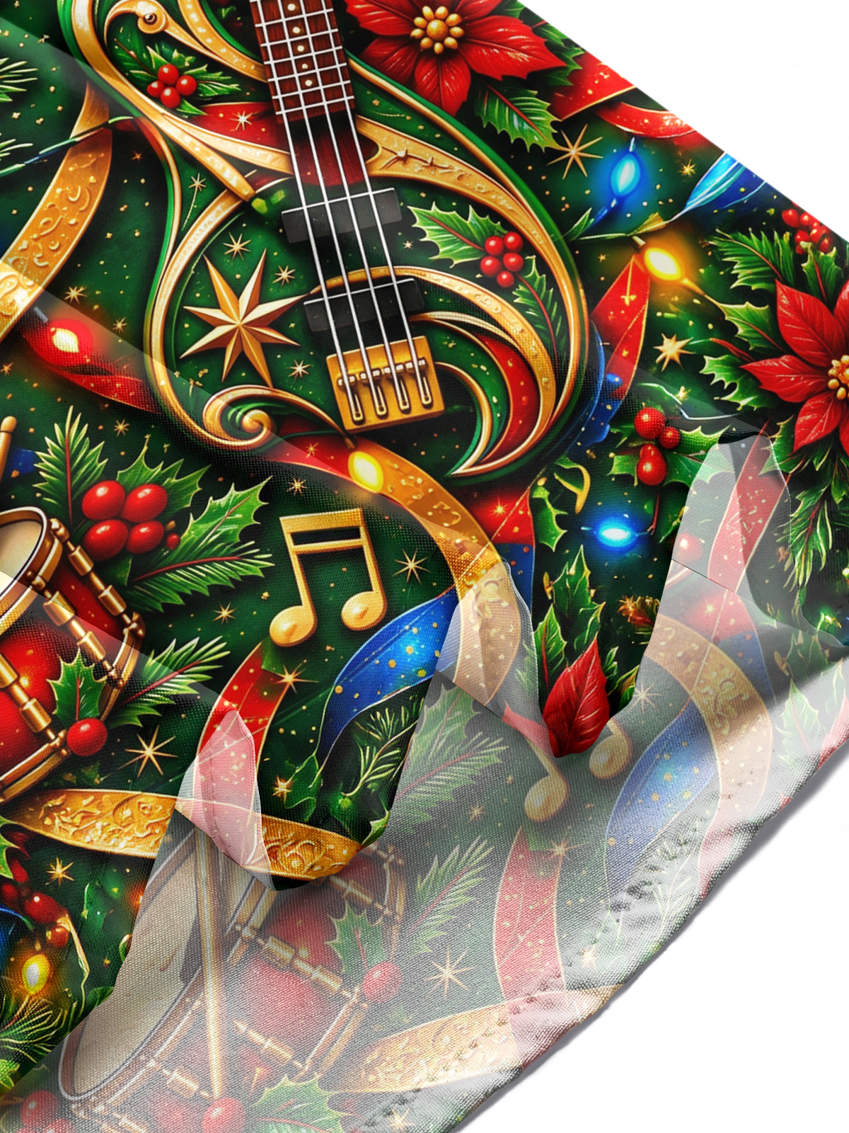 Adaychic Men's Long Sleeve Shirt - Bass Guitars And Drums With Christmas Motifs Print with Chest Pocket