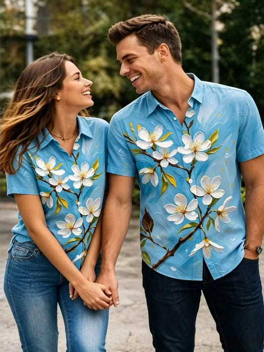 Couple Matching Shirts Blue Floral Print Short Sleeve Summer Casual