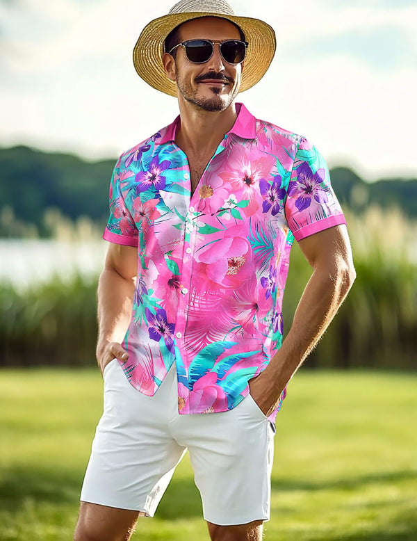 Adaychic Men's Hawaiian Pink Tropical Floral Print Short Sleeve Button Down Shirt