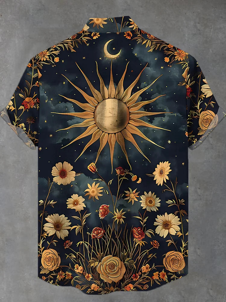 Retro Sun And Flower Bushes Printing Stand Collar Short Sleeve Shirts