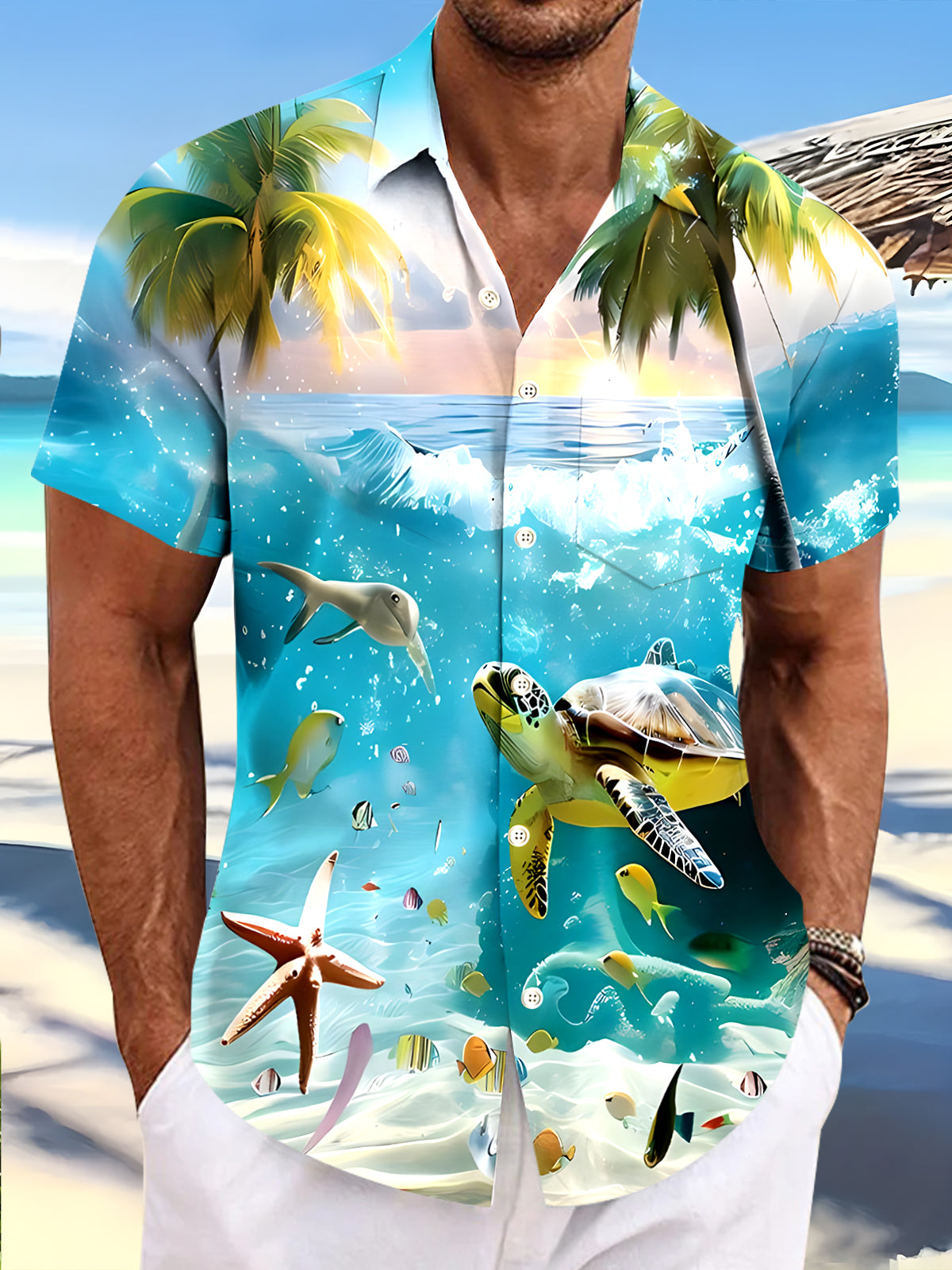 Hawaiian Turtle Coconut Tree Men's Pocket Short Sleeve Shirts