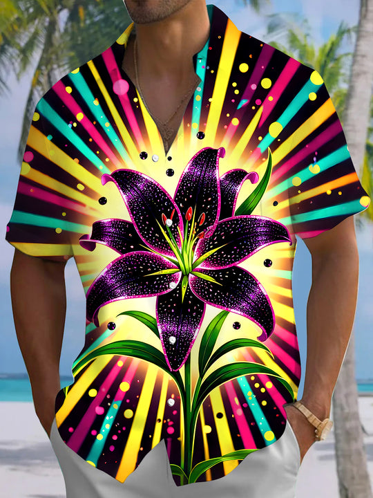 Men's blue Hawaiian floral short sleeve shirt front view for tropical beach vacation