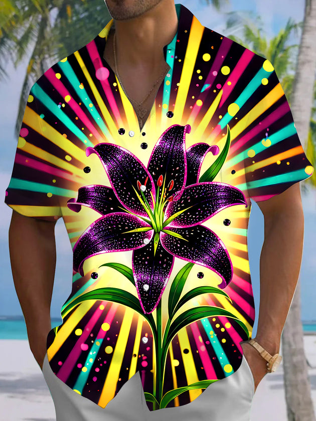 Men's blue Hawaiian floral short sleeve shirt front view for tropical beach vacation