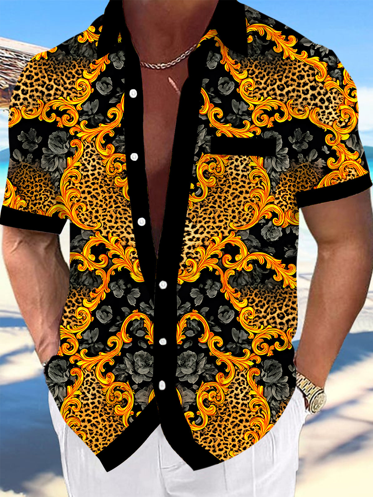 men's leopard print shirt front view