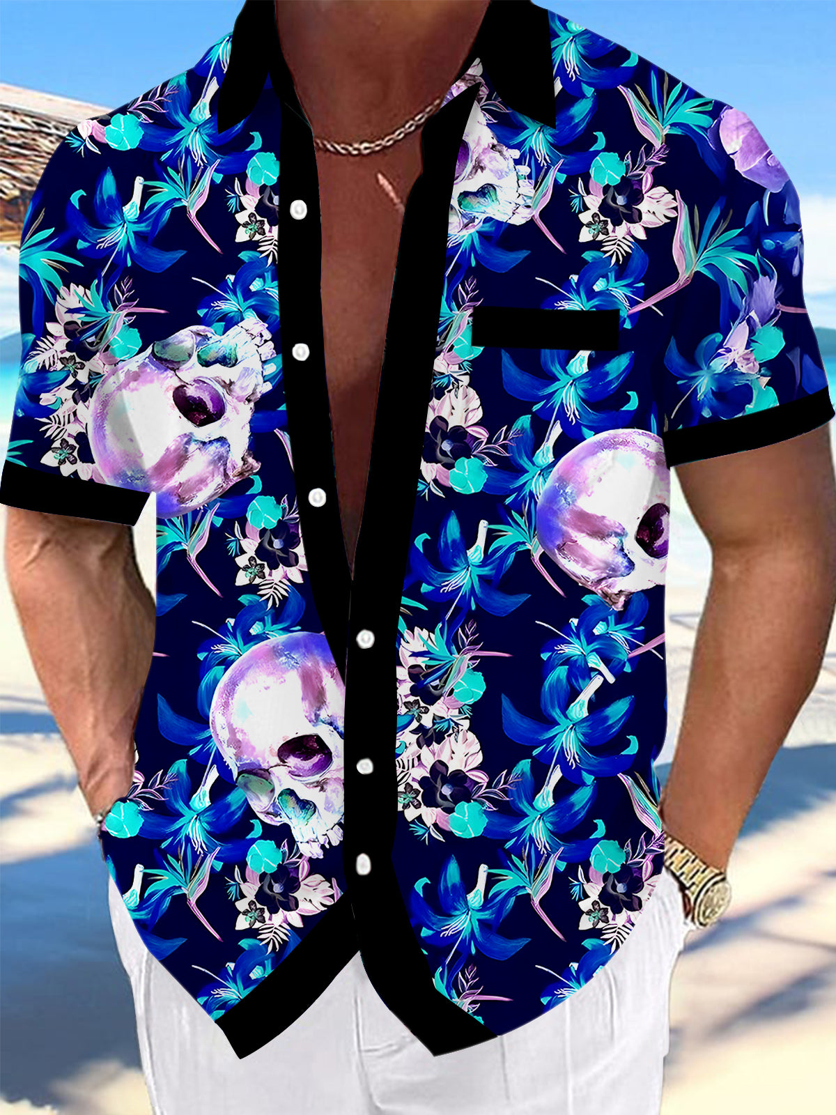 Skull Floral Men's Pocket Short Sleeve Shirts