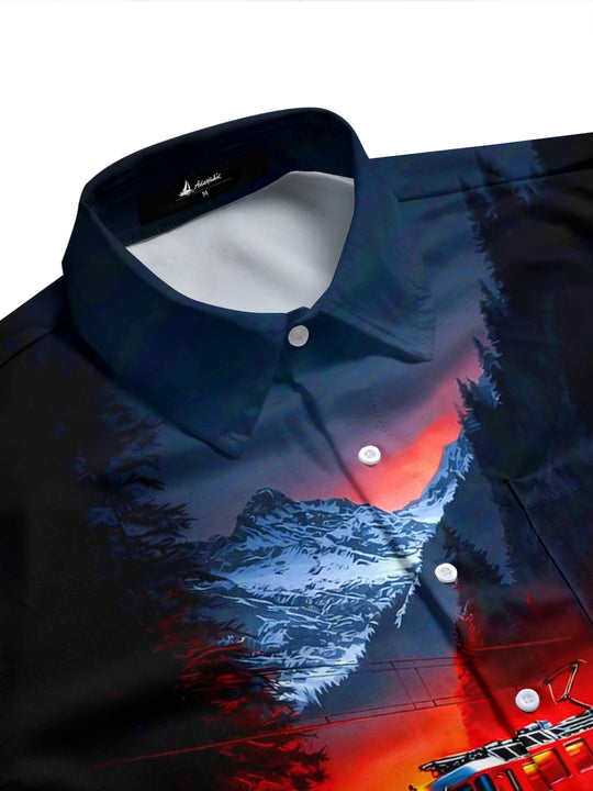 Vintage Train Forest Mountain Bridge Print Men's Pocket Short Sleeve Shirts