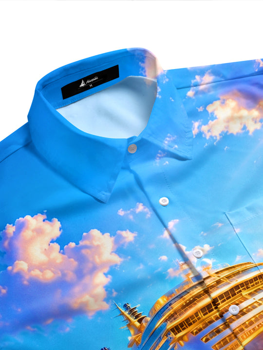 Adaychic Men's Graphic Cruise Ship Ocean Print Short Sleeve Button Down Shirt with Chest Pocket