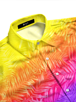 Adaychic Men's Tropical Rainbow Gradient Palm Leaf Print Long Sleeve Button Down Shirt with Chest Pocket