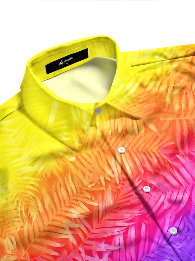Adaychic Men's Tropical Rainbow Gradient Palm Leaf Print Long Sleeve Button Down Shirt with Chest Pocket