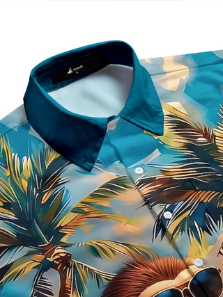 Adaychic Men's Hawaiian Tropical Monkey Beach Graphic Print Short Sleeve Button Down Shirt with Chest Pocket