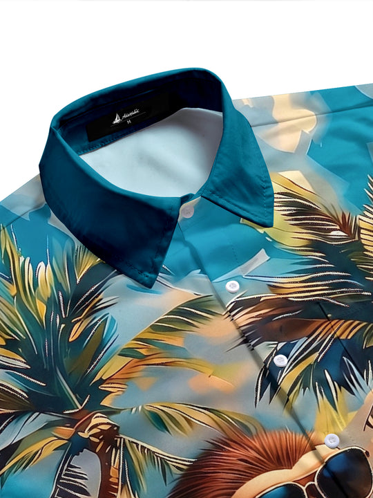 Adaychic Men's Hawaiian Tropical Monkey Beach Graphic Print Short Sleeve Button Down Shirt with Chest Pocket