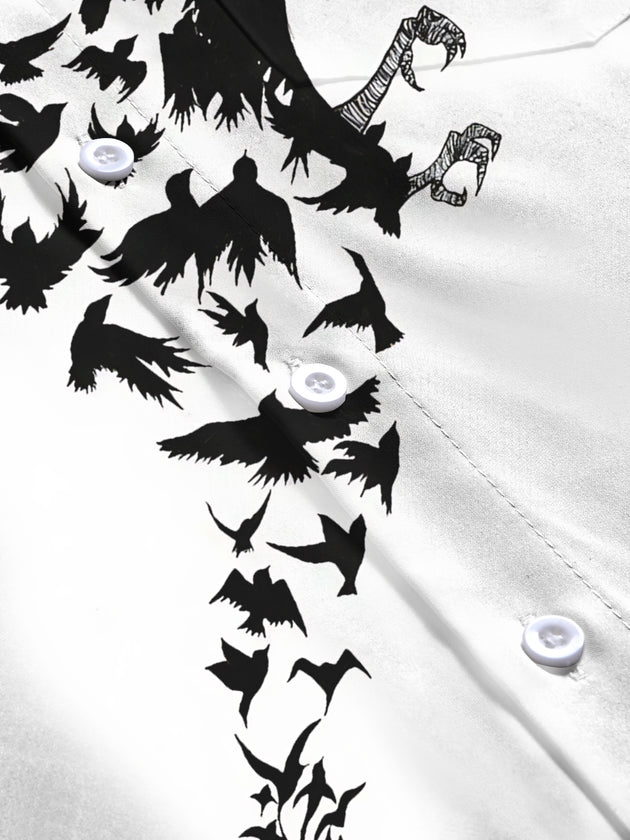 Adaychic Men's Graphic Crow Silhouette Print Long Sleeve Shirt with Chest Pocket