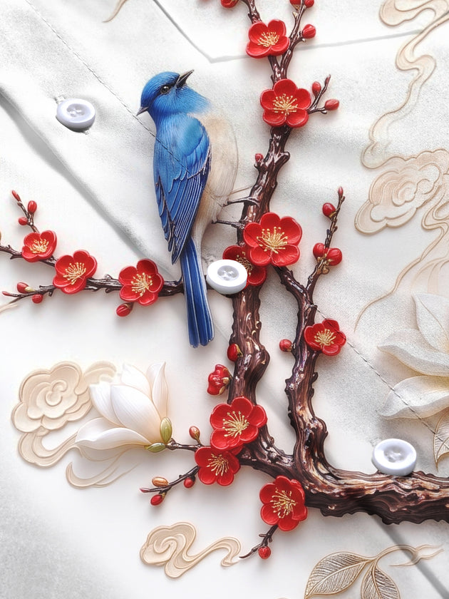 Adaychic Men's Long Sleeve Shirt - Blue Bird On Branch With Red Flowers And White Magnolias Print with Chest Pocket