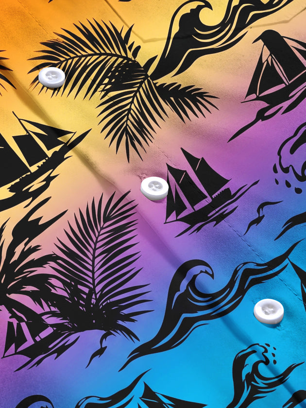 Adaychic Men's Short Sleeve Shirt - Tropical Sunset Sailboats And Palm Leaves Print with Chest Pocket