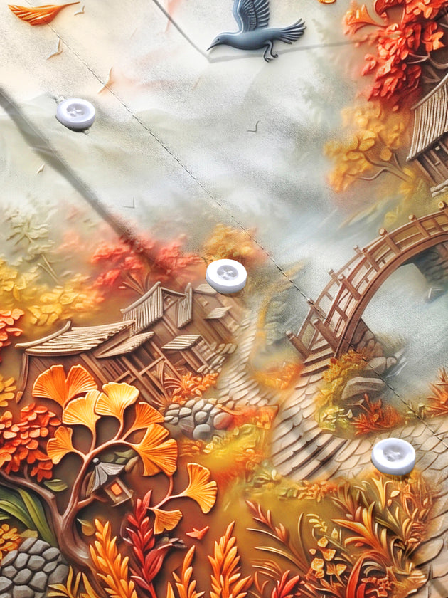 Adaychic Men's Long Sleeve Shirt - Ancient Village Autumn Landscape With Birds And Bridge Print with Chest Pocket