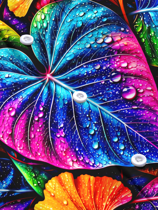 Adaychic Men's Neon Colorful Leaves With Water Droplets Print Long Sleeve Shirt with Chest Pocket