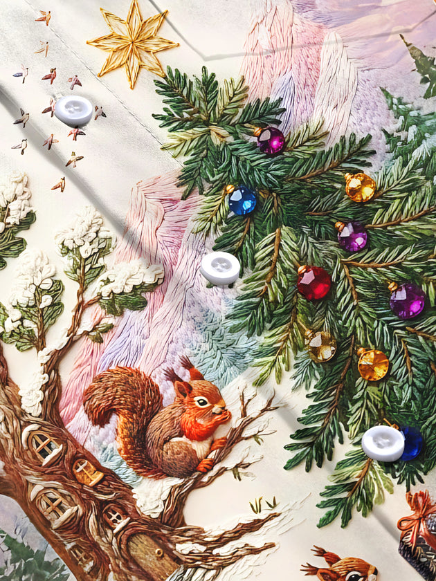 Adaychic Men's Long Sleeve Shirt - Christmas Tree And Ornaments With Squirrels Print with Chest Pocket