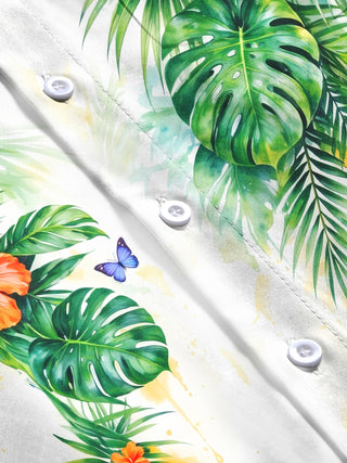Adaychic Men's Long Sleeve Shirt - Tropical Hibiscus Flowers And Palm Leaves Print with Chest Pocket