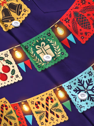 Adaychic Men's Long Sleeve Shirt - Christmas Paper-cutting Flags And String Lights Print with Chest Pocket