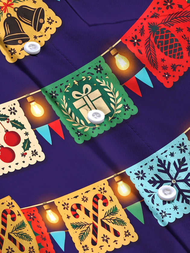 Adaychic Men's Long Sleeve Shirt - Christmas Paper-cutting Flags And String Lights Print with Chest Pocket