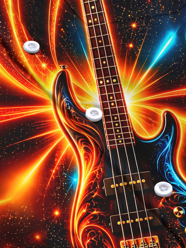 Adaychic Men's Neon Bass Guitar With Cosmic Background Print Long Sleeve Shirt with Chest Pocket