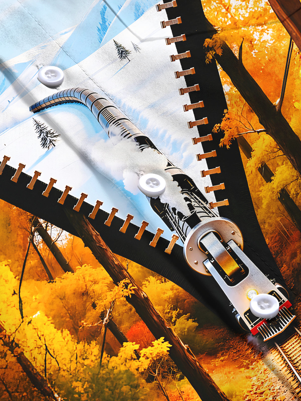 Adaychic Men's Graphic Autumn Forest Train Print Long Sleeve Shirt with Chest Pocket