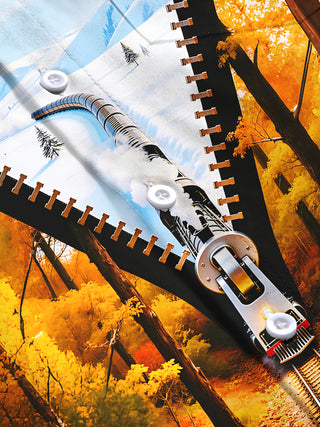 Adaychic Men's Graphic Autumn Forest Train Print Long Sleeve Shirt with Chest Pocket